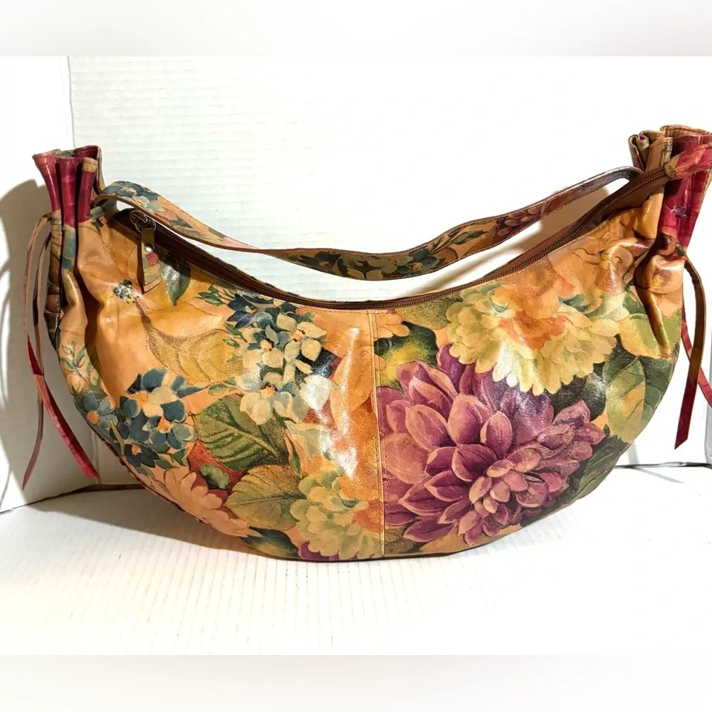 Floral Crescent Hobo Shoulder Bag in Multicolor Leather